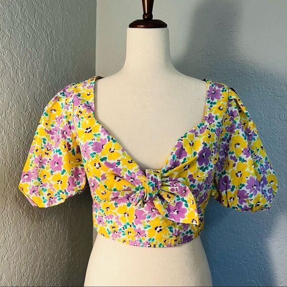 River Island Floral Print Puff Sleeve Crop Top, Yellow/Purple, Small/Size 4, NWT - Picture 8 of 15